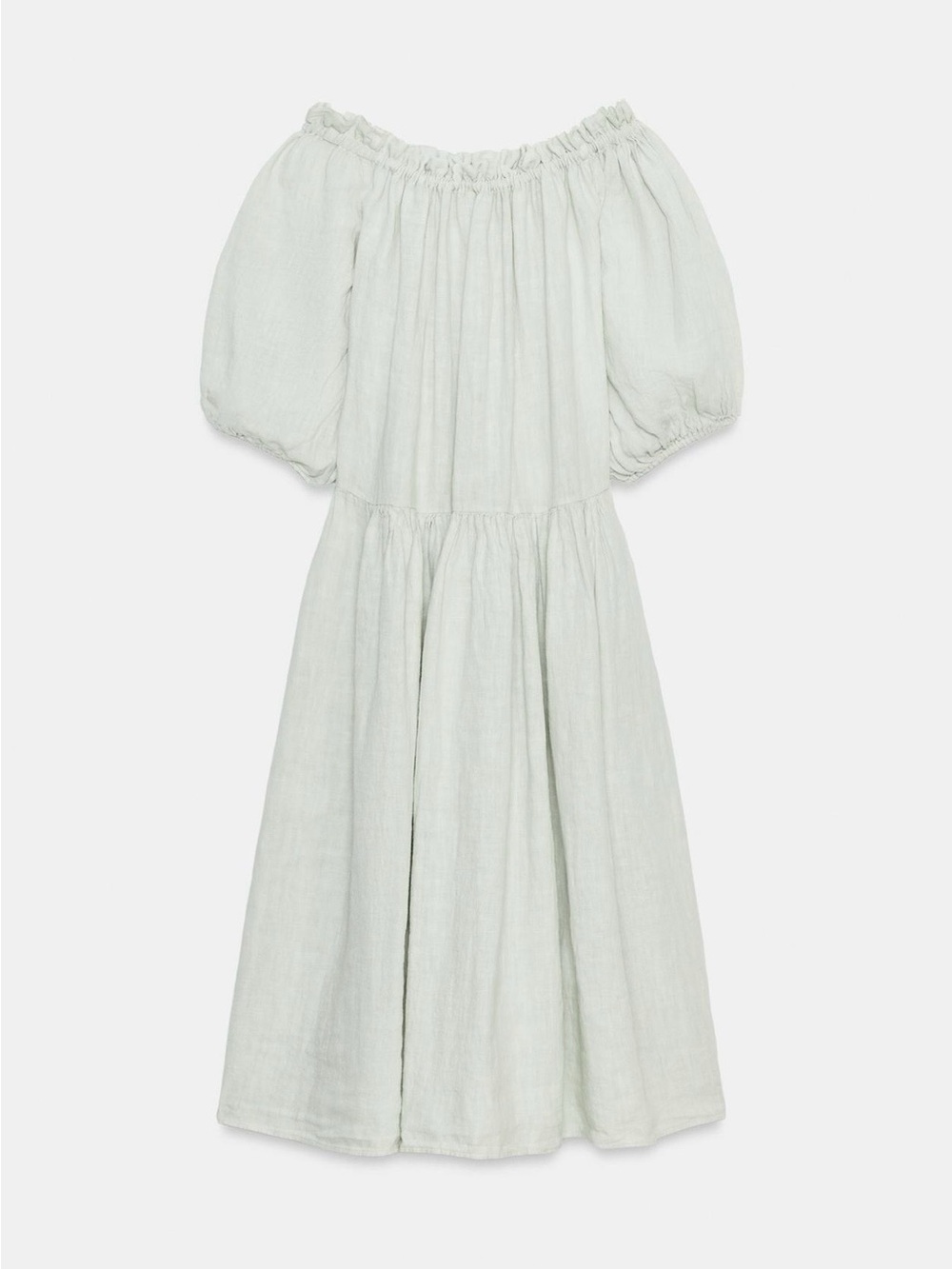 Zara NWT ZW Collection - Linen Light Sage Off-Shoulder Puff Sleeve Midi Dres